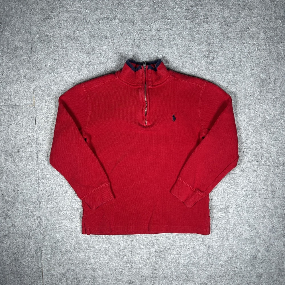 Vintage Polo Ralph Lauren Sweater Boys M (10-12) Red Y2K Quarter Zip Ribbed Knit